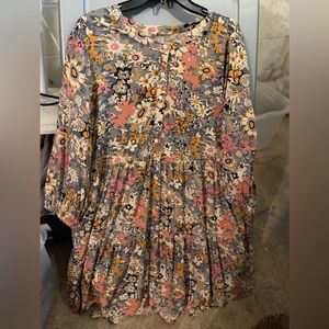 NATURAL LIFE Gray Floral Mini Dress with Pink and Mustard Blooms